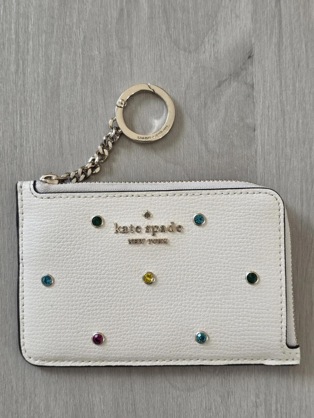 kate spade New York White Jeweled Zip Card Case Keychain